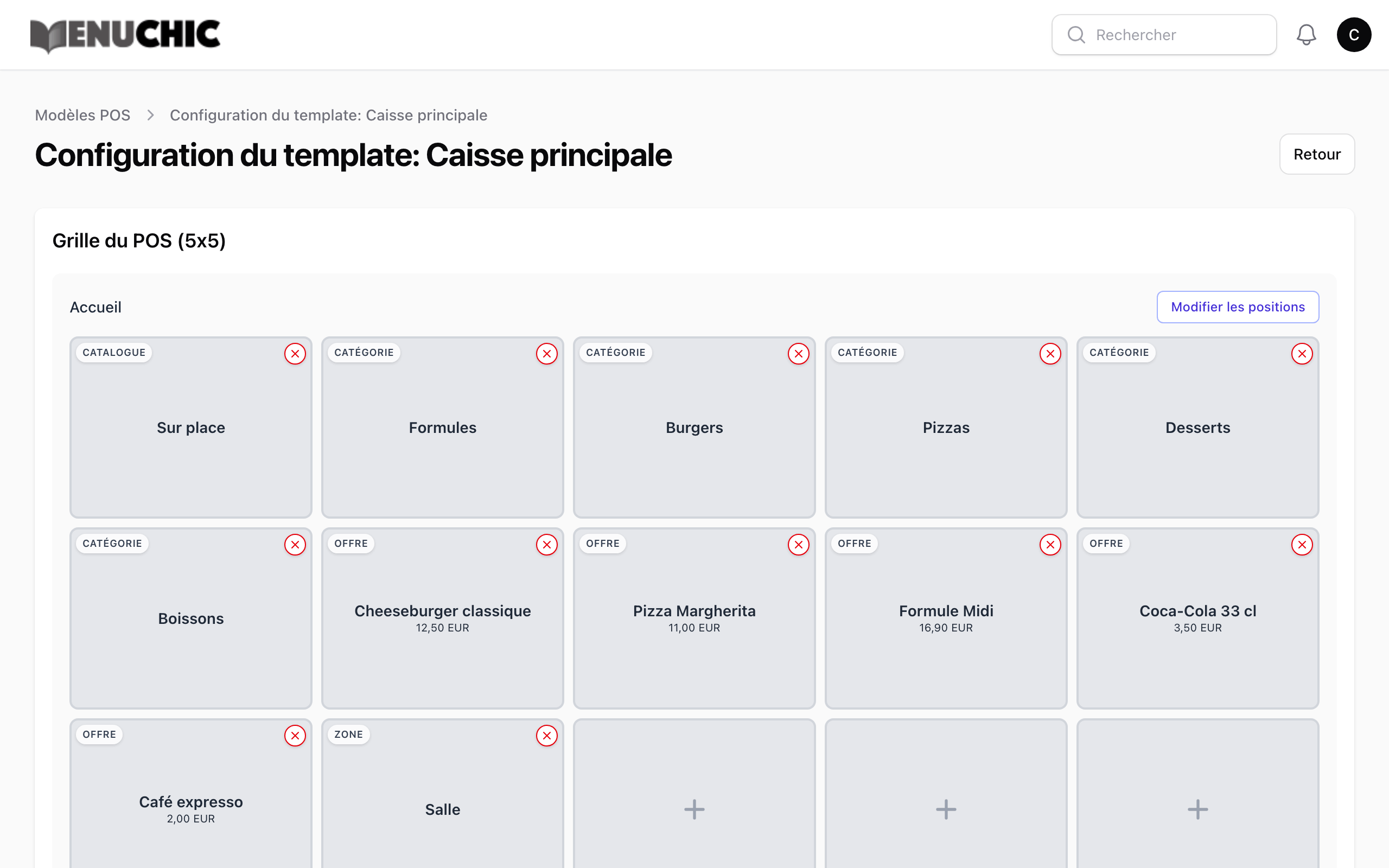 La configuration de la grille de caisse dans le back-office Menuchic : catégories, plats et prix.